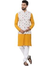 SOJANYA (Since 1958 Men’s Pure Cotton Mustard Kurta and White Pyjama With Printed Cream Nehru Jacket