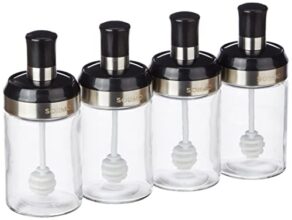 Amazon Brand – Solimo Borosilicate Glass Sauce Jar with Dipper, Set of 4 (250 Ml Each),Black