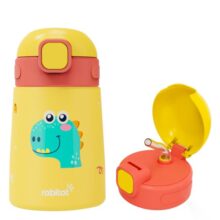 rabitat Milo Stainless Steel Water Bottle 350ml | 2 Year Brand Warranty | BPA Free | Leakproof Steel Sipper Bottle for Kids | Flip Lock Lid with Straw | Easy Carry Handle | Dino Dash