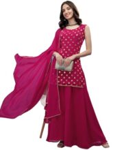 Fashion Basket Georgette Embroidered Kurta Set for Women (in, Alpha, XL, Regular, Pink)