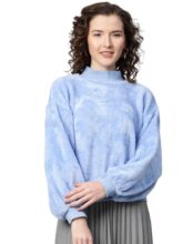 SASSAFRAS Blue Balloon Sleeve Faux Fur Sweatshirt