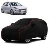 Sulfar 100% Water Resistant Car Body Cover Compatible with Mirror for Hyundai Grand i10 (Triple Stitched, Full Bottom Elastic, Black with Red Piping)