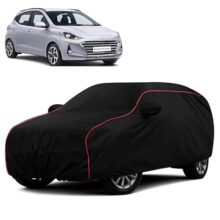 Sulfar 100% Water Resistant Car Body Cover Compatible with Mirror for Hyundai Grand i10 (Triple Stitched, Full Bottom Elastic, Black with Red Piping)