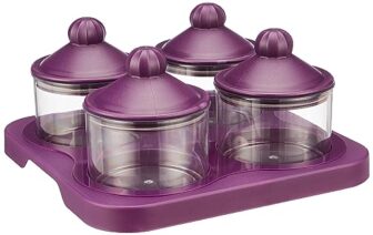 Amazon Brand – Solimo Air-Tight Dry Fruit Container Tray Set With Lid&Serving Tray, Airtight Plastic Storage Container Set 500 Ml|Set Of 4, Purple
