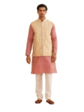 SOJANYA (Since 1958 Men’s Silk Blend Self Design Pink Kurta with Pyjama & Beige Nehru Jacket