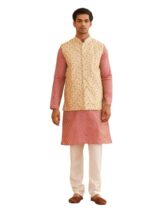 SOJANYA (Since 1958 Men’s Silk Blend Self Design Pink Kurta with Pyjama & Beige Nehru Jacket