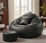 Sattva Piping 3XL Sofa Style Bean Bag Chair with Beans Filled | Faux Leather Bin Bags Sofa Combo with Footstool & Cushion | Large Beanbags for Adults, Teens & Home – Black with Royal Blue Piping