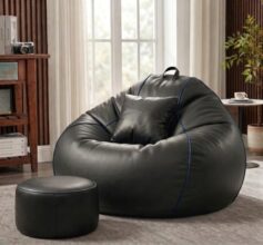 Sattva Piping 3XL Sofa Style Bean Bag Chair with Beans Filled | Faux Leather Bin Bags Sofa Combo with Footstool & Cushion | Large Beanbags for Adults, Teens & Home – Black with Royal Blue Piping