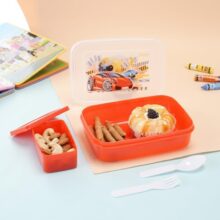 Nayasa Ninja 2 Compartment BPA-Free Plastic Lunch Box for Kids Boys | Cars Print | Leak Proof Push Lock | Red