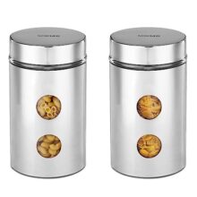 Amazon Brand – Solimo Drip Window Steel Jacketed Glass Jars | Set of 2 | Multipurpose Kitchen Organizer with See-Through Window | 1200 ml | Silver