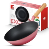 BERGNER Excalibur Lightweight Cast Iron Wok 24cm (2L), Sturdy Wooden Handle, Non-Stick Coating, PFAS Free, Perfect Heat Distribution, Elegant Design – Induction and Gas Stove Ready (Pink)