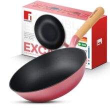 BERGNER Excalibur Lightweight Cast Iron Wok 24cm (2L), Sturdy Wooden Handle, Non-Stick Coating, PFAS Free, Perfect Heat Distribution, Elegant Design – Induction and Gas Stove Ready (Pink)