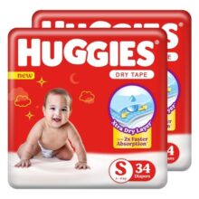 Huggies Dry Tape | Adjustable Tape Style Baby Diapers, Small (S) Size (4-8 Kgs), Combo Pack Of 68 | Up To 2X Faster Absorption, Up To 12 Hours Overnight Absorption (34 Count, Pack Of 2)