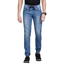 CAHOOT Men’s Classic Blue Light-Washed Regular Fit Denim Jeans, Elasticated Hem Drawstring Mid-Rise Stretchable Cotton Denim Jeans Crafted with Comfort Fit