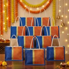 Amazon Brand – Solimo Jute Thamboolam Gift Bag | Pack of 10 | Reusable & Durable | Assorted Colours Blue/Orange/Cream