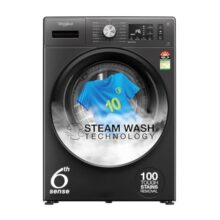 Whirlpool 8 Kg 5 Star Inverter Supreme Care Front Load Fully Automatic Washing Machine with In-Built Heater (XS8014BWME, MidNight Grey, Steam Technology, 100+ Tough Stains, 6th Sense Soft Move)