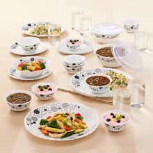 Larah By Borosil 35pc Opalware Dinner Set with Vision Glass Set for Family of 6, Microwave & Dishwasher Safe, Bone-Ash Free, Crockery Set for Dining & Gifting, Plates & Bowls (Luna)