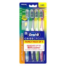 Oral B Criss Cross – Family Pack Of 4 Toothbrushes – Medium,For Adults,Manual,Multicolor