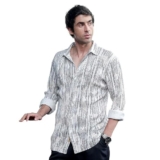 CAHOOT Men Prismic-Orb Shirt | Spread Collar, Long Button-Cuff Sleeves | Button, Curved Hem | Geometric Print Pleated | Woven Fabric for Casual Ivory White
