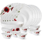 Larah by BOROSIL Fluted Series Red Carnation Opalware Dinner Set | 27 Piece for Family of 6 | Microwave & Dishwasher Safe | Bone-Ash Free | Crockery Set for Dining & Gifting | Plates & Bowls | White