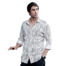 CAHOOT Men Prismic-Orb Shirt | Spread Collar, Long Button-Cuff Sleeves | Button, Curved Hem | Geometric Print Pleated | Woven Fabric for Casual Ivory White