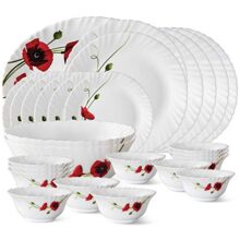 Larah by BOROSIL Fluted Series Red Carnation Opalware Dinner Set | 27 Piece for Family of 6 | Microwave & Dishwasher Safe | Bone-Ash Free | Crockery Set for Dining & Gifting | Plates & Bowls | White