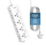EMBOX Extension Board 5 Meter Cable| Extension Board with Switches, 4 Universal Sockets and 2 Pins LED Indicator| 2500W Extension Cord with Surge Protector