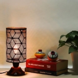 Lexton Moroccan Style Hand-Etched Iron Made Bedside Table lamp | Black Metal Round Frame, E27 Bulb Holder, Wooden Stand, Corded | Suitable for Home Decoration Office (Pack of 1, Bulb Not Included)