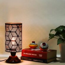 Lexton Moroccan Style Hand-Etched Iron Made Bedside Table lamp | Black Metal Round Frame, E27 Bulb Holder, Wooden Stand, Corded | Suitable for Home Decoration Office (Pack of 1, Bulb Not Included)