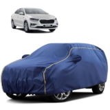 Sulfar 100% Water Resistant Car Body Cover Compatible with Mirror for Skoda Slavia (Triple Stitched, Full Bottom Elastic, Blue Tafetta with Yellow Piping)