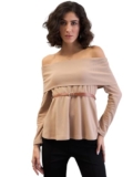 Sassafras Women Beige Off-Shoulder Belted Peplum Top -S