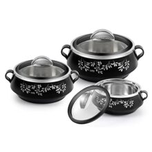 CELLO Glitter Casserole with Inner Steel | Insulated Stainless Steel Inner Body Casserole Set for Meal| Chapati| Curry| Roti, 3 Unit, Black, 300 Milliliter
