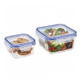Amazon Brand – Solimo Square Glass Food Storage Container, 360 ml & 900 ml – Set of 2, Airtight, Microwave & Freezer Safe, Transparent