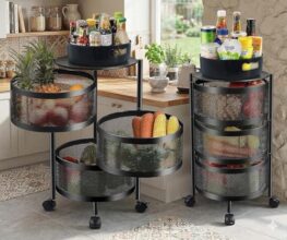 Homewiz 3-Layer Round Kitchen Trolley | Movable Storage Organizer For Fruits & Vegetables | Perforated Mesh Baskets With Solid Flat Top | Multipurpose Rack For Onion & Potato | Rust-Resistant | Black