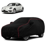 Sulfar 100% Water Resistant Car Body Cover Compatible with Mirror for Volkswagen Beetle (Triple Stitched, Full Bottom Elastic, Black with Red Piping)