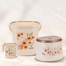 Nayasa Plastic Sqr Dlx 3 Pcs Bathroom Set | Bucket 18 L + Mug 1.5 L + 508 Dlx Stool | Bathroom Set | Bath Set For Bathroom | Off – White