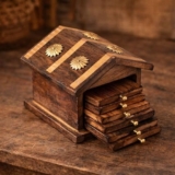 Kundi Handmade Hut Style Wooden Coaster Set with Holder | Hot & Cold Drink Coasters for Tea, Coffee & Dining Table Decor