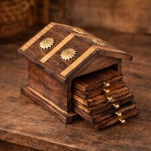 Kundi Handmade Hut Style Wooden Coaster Set with Holder | Hot & Cold Drink Coasters for Tea, Coffee & Dining Table Decor