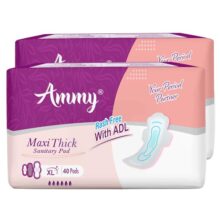 Ammy Super Absorbent Maxi Thick Sanitary Pads – 80 Pcs XL for Medium Flow | Cottony Soft, Rash Free, Leak Lock with 6-Layer Shield & Active Flow Layer | Pack of 2