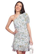 Tokyo Talkies Green & Yellow Floral Printed One Shoulder Gathered Sheath Mini Dress