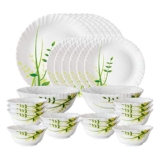 Larah by Borosil Green Herbs Opalware Dinner Set, 28 Pcs, White