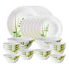 Larah by Borosil Green Herbs Opalware Dinner Set, 28 Pcs, White