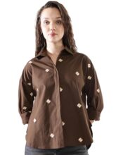 High Star Women Embroidered Oversized Spread Collar Long Sleeves Cotton Shirts