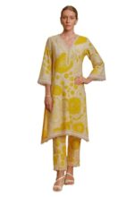 Yashika Women’s Printed Cotton Blend Straight Kurta and Pant Set | Women Kurta Pant Set | Yellow | Cotton Blend | Straight | 3/4 Sleeves | XL