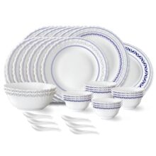 Larah by Borosil Jazzblue Fluted Series Opalware Dinner Set | 33 Pieces for Family of 6 | Microwave & Dishwasher Safe | Bone-Ash Free | Crockery Set for Dining & Gifting | Plates & Bowls | White