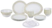 Larah By Borosil Ora Gold Fluted Series Opalware Dinner Set | 36 Pieces For Family Of 8 | Microwave & Dishwasher Safe | Bone-Ash Free | Crockery Set For Dining & Gifting | Plates & Bowls | White