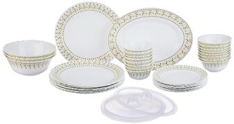 Larah By Borosil Ora Gold Fluted Series Opalware Dinner Set | 36 Pieces For Family Of 8 | Microwave & Dishwasher Safe | Bone-Ash Free | Crockery Set For Dining & Gifting | Plates & Bowls | White