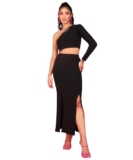 POPWINGS Casual Solid Top and Skirt Set for Women | Stylish Western Co-Ord Set for Women | Crop Top and Long Slit Skirt Set for Women Black