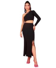 POPWINGS Casual Solid Top and Skirt Set for Women | Stylish Western Co-Ord Set for Women | Crop Top and Long Slit Skirt Set for Women Black