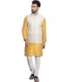 SOJANYA (Since 1958 Men’s Silk Blend Mustard Kurta and Off-White Pyjama With Cream Nehru Jacket